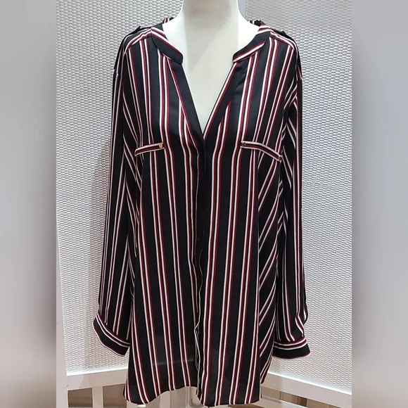 Simply Emma 2X Striped Black and Red Button-Up Blouse - Picture 1 of 2